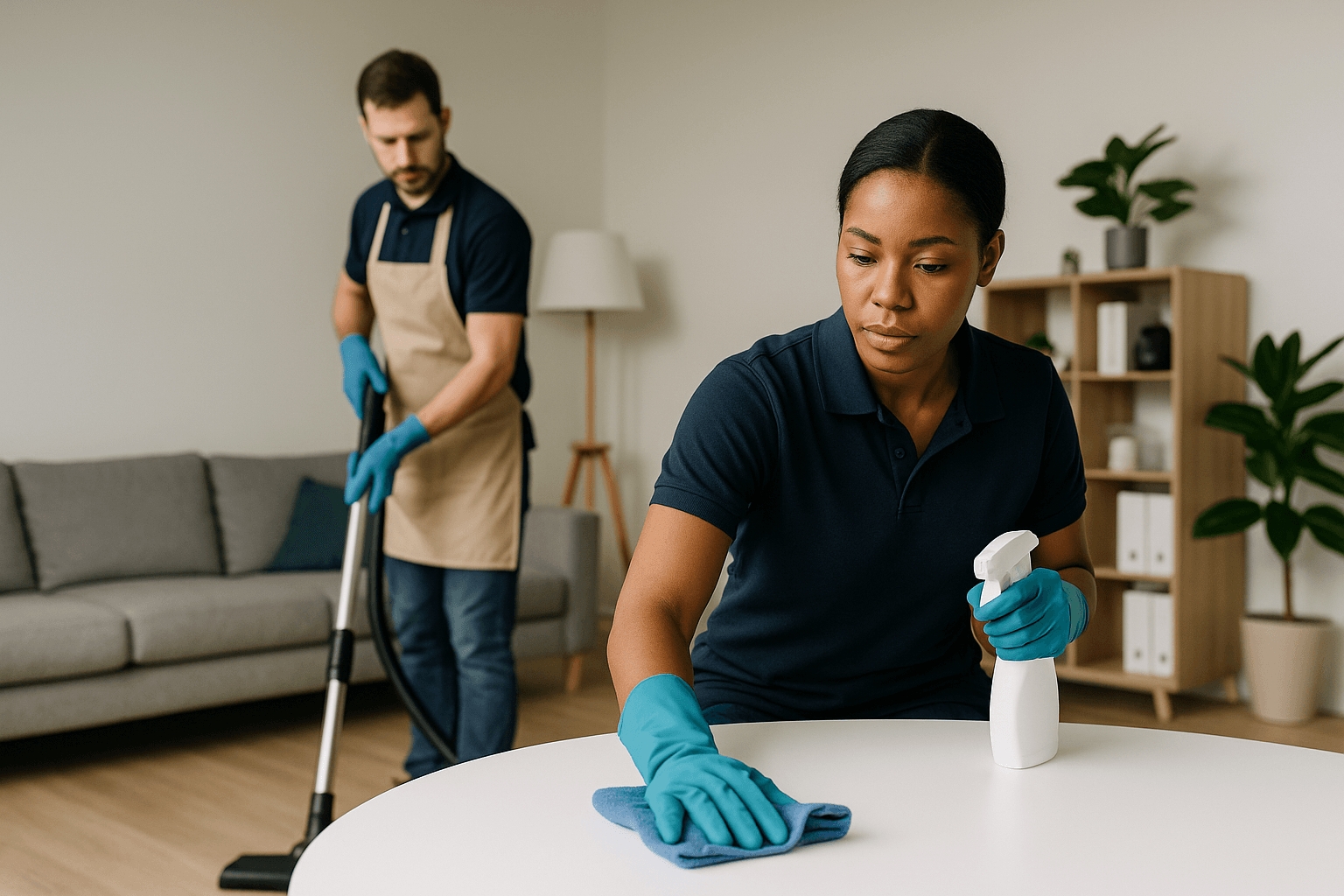 Professional cleaners working in a modern home, wide photo for cleaning services website article