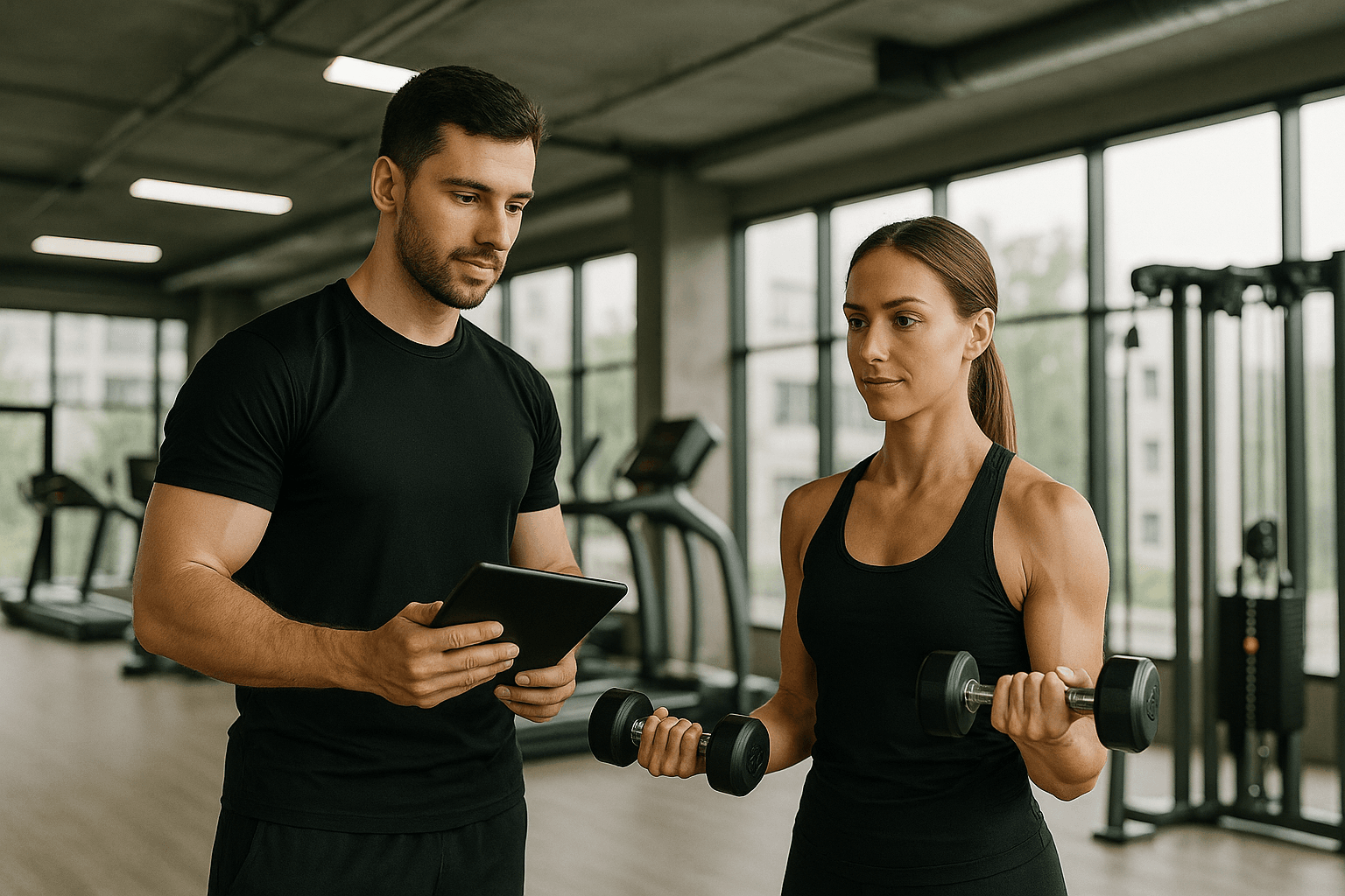 Personal fitness trainer coaching a client in a modern gym, wide professional photo