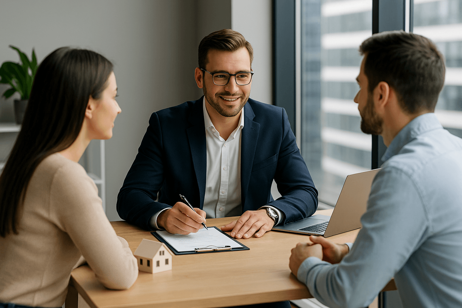 Real estate agent meeting clients in modern office, wide professional photo