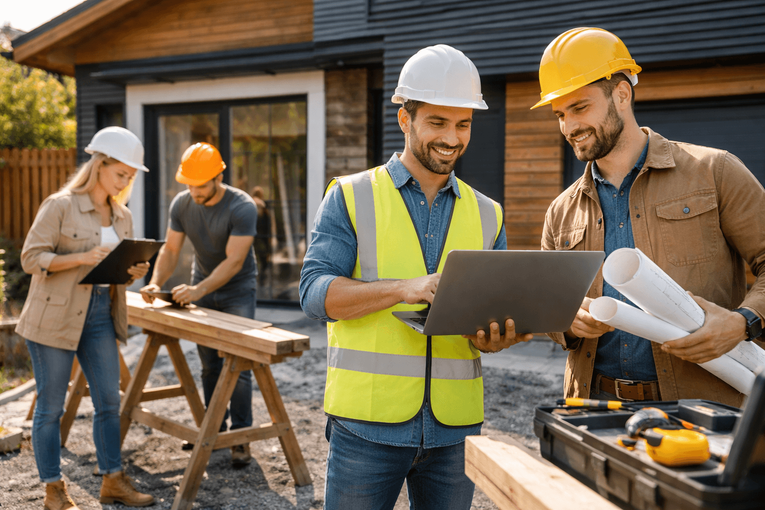 Construction and home renovation team working on a modern residential project, wide professional photo