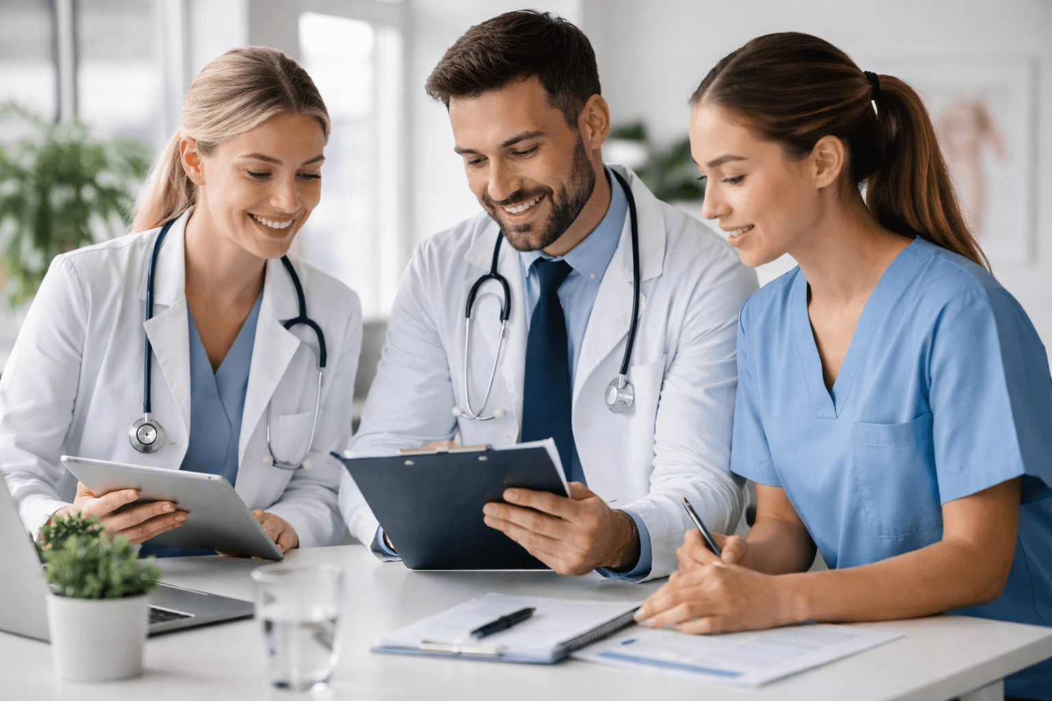 Healthcare professionals discussing patient care in a modern medical office, wide professional photo