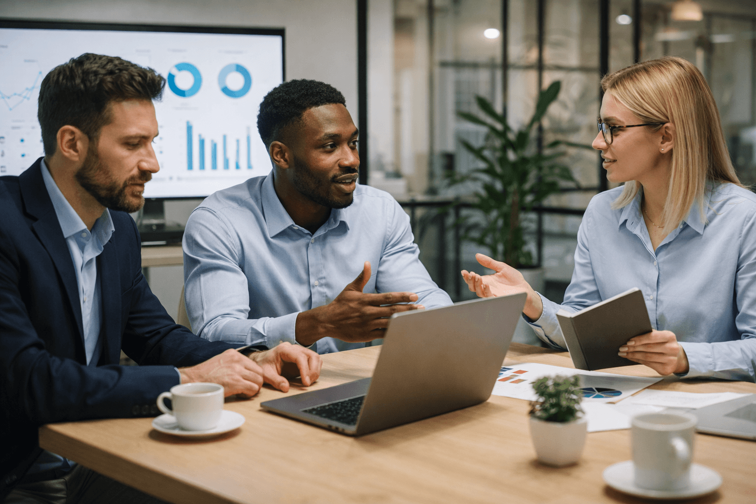 IT services team discussing a software project in a modern office, wide professional business photo