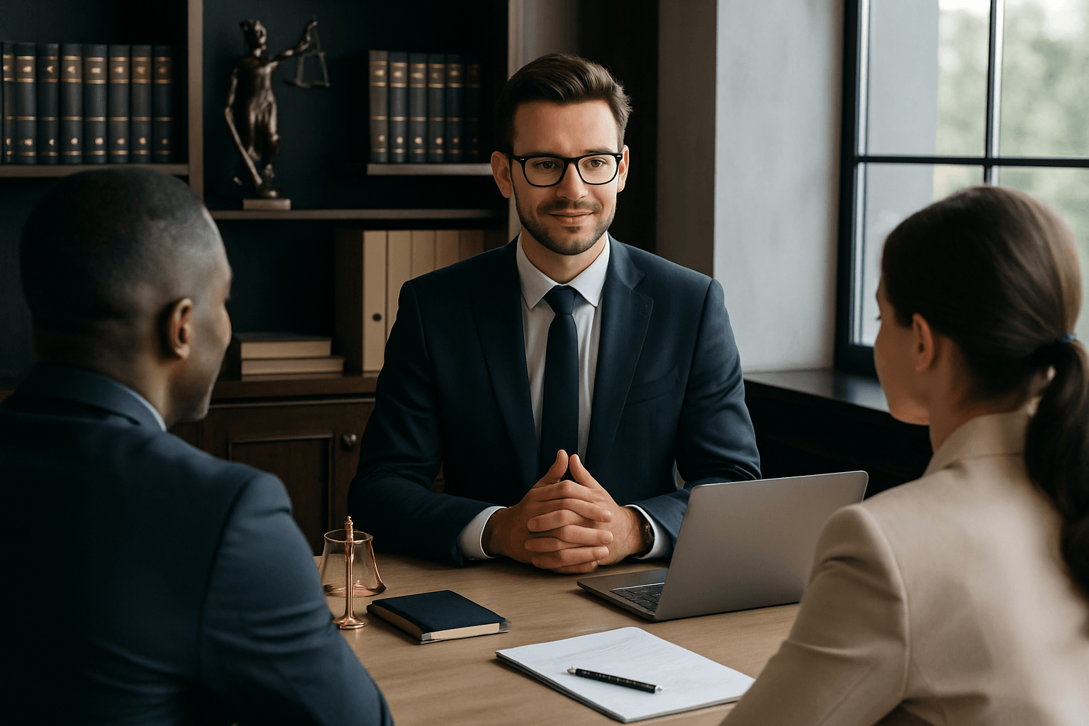 Professional lawyer meeting with clients in a modern law office, wide photo