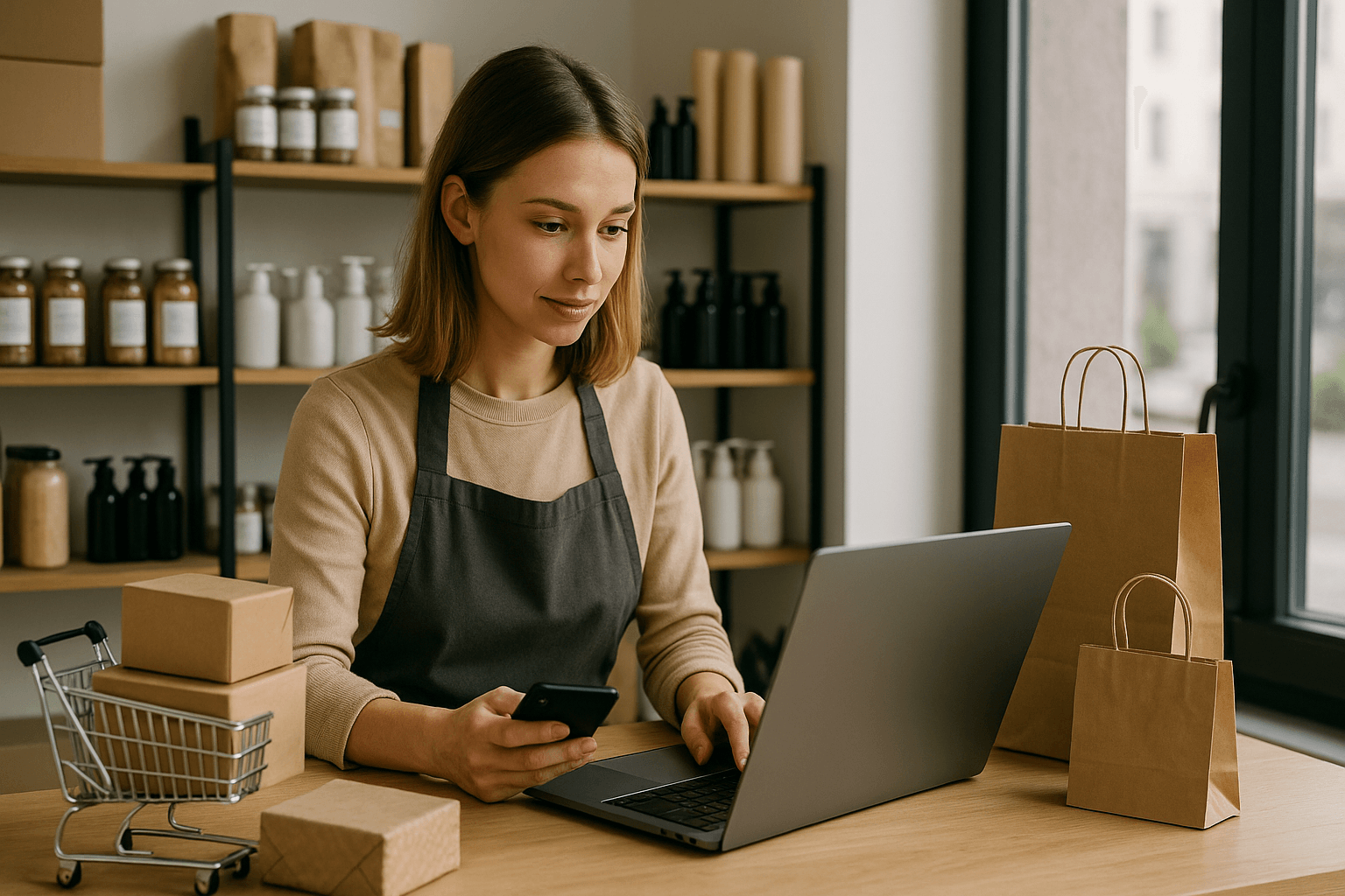 Local shop owner managing an online store using a laptop in a small retail shop, wide professional photo