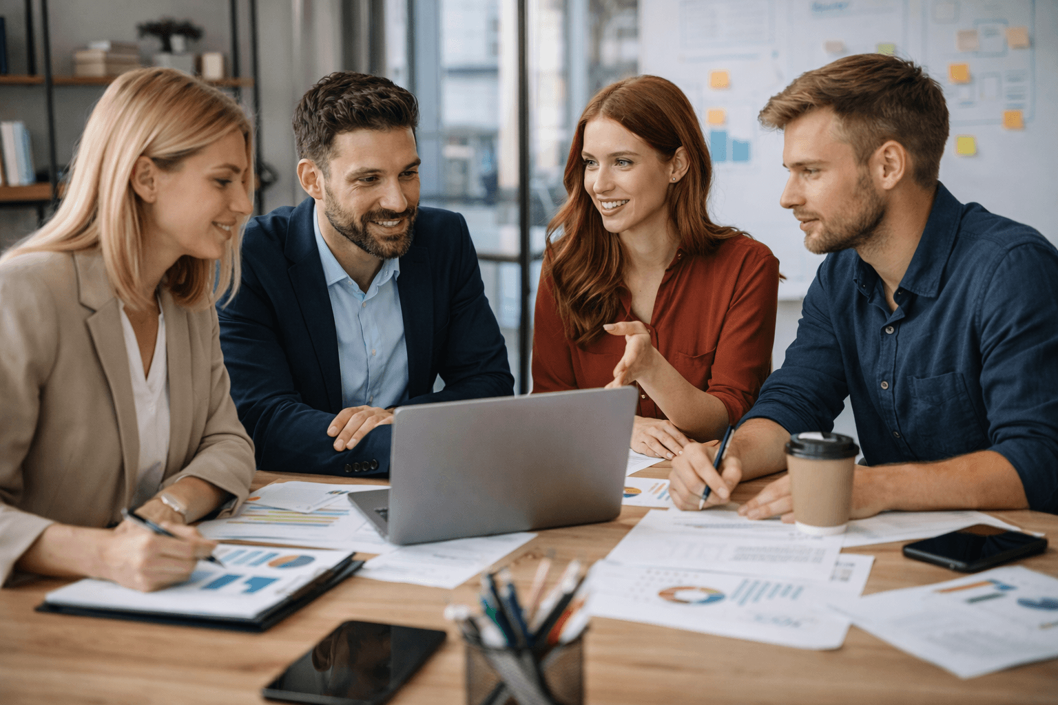 Marketing agency team discussing client strategy in a modern office, wide professional business photo