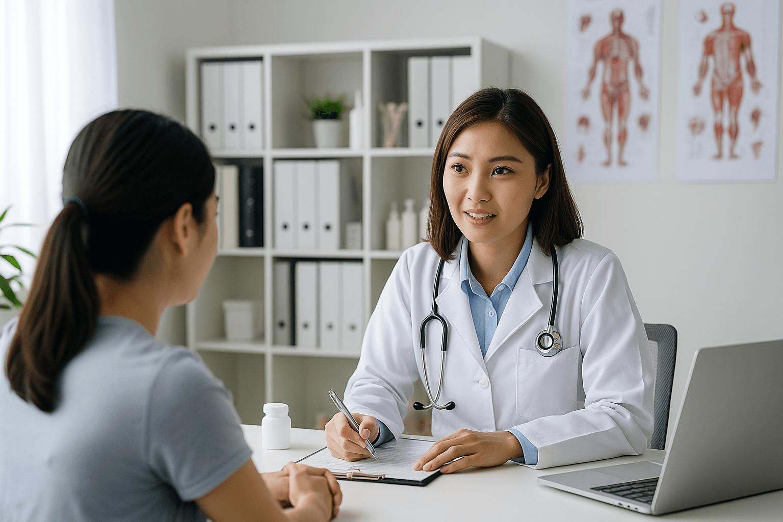 Female doctor consulting a patient in a modern medical clinic, wide professional photo