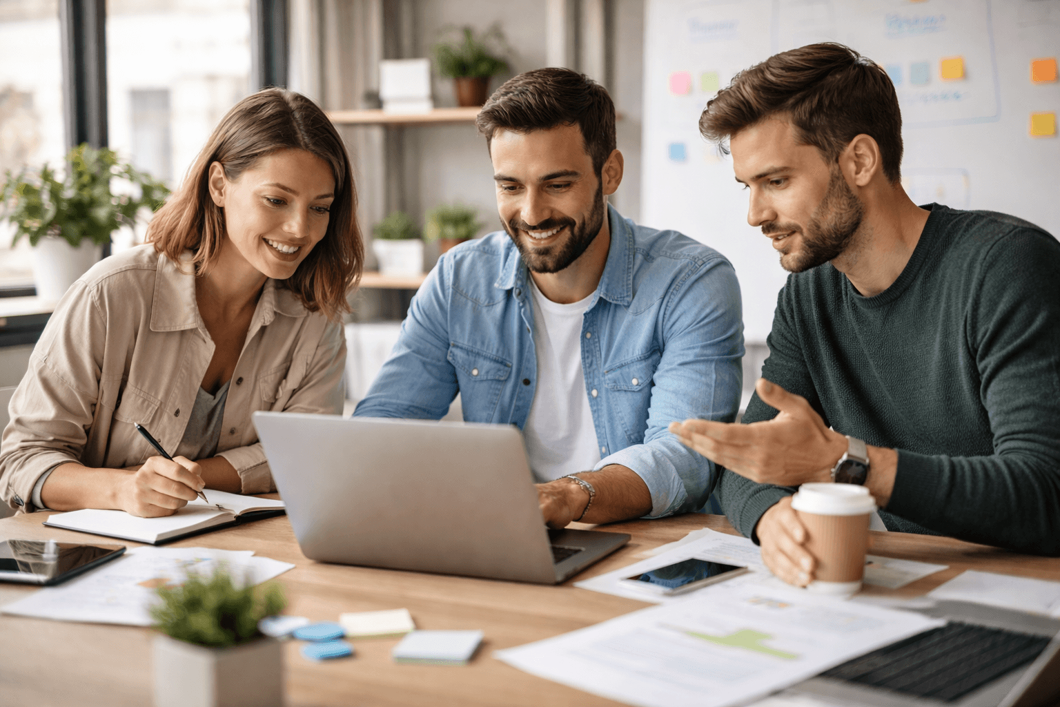 SaaS startup team discussing product strategy in a modern office, wide professional photo