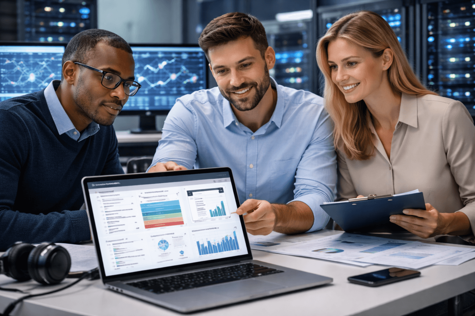 IT support and managed services team reviewing system dashboards and client data in a modern office, wide professional photo