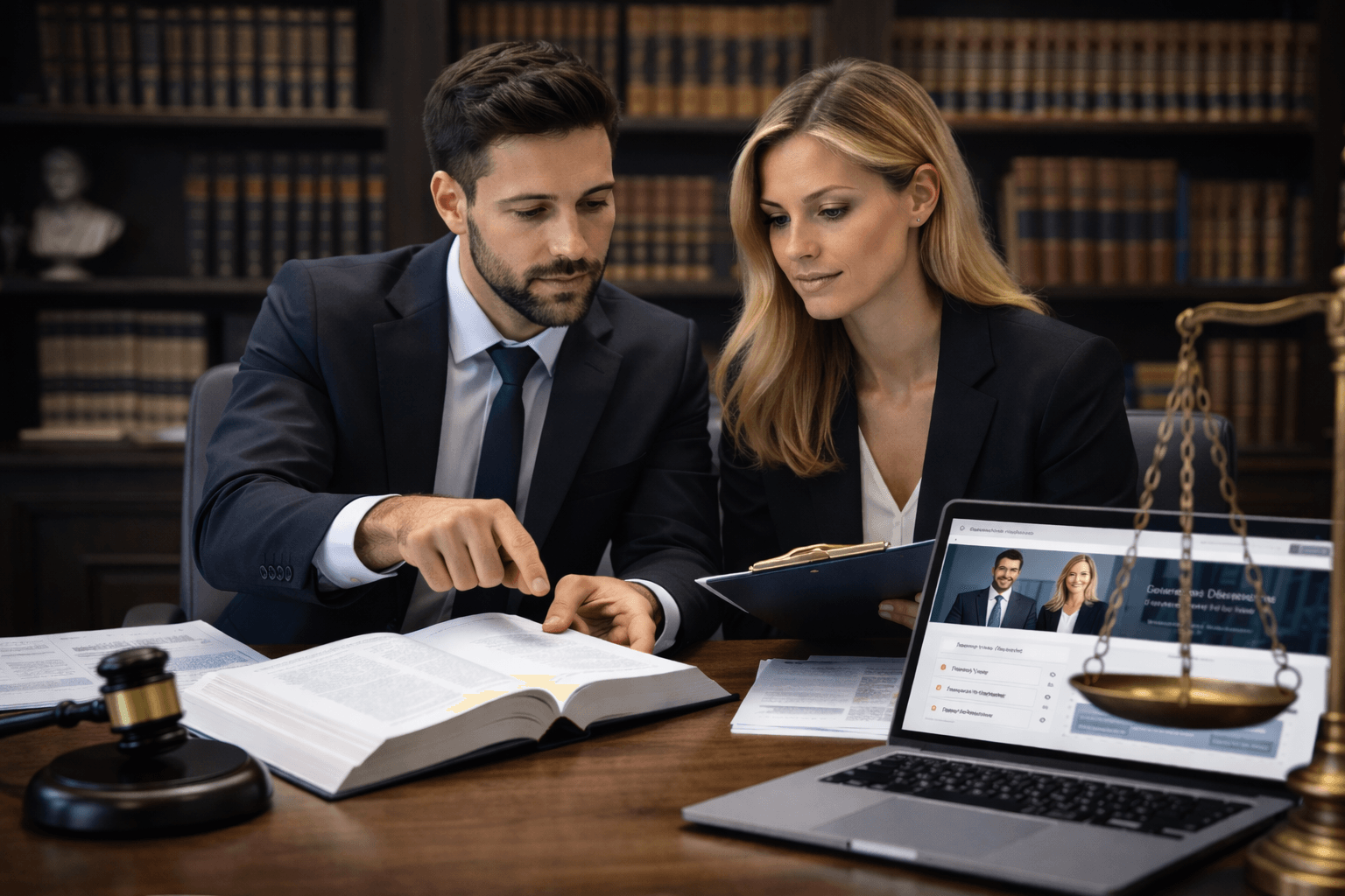 Two attorneys reviewing legal documents in a professional law office, wide realistic business photo