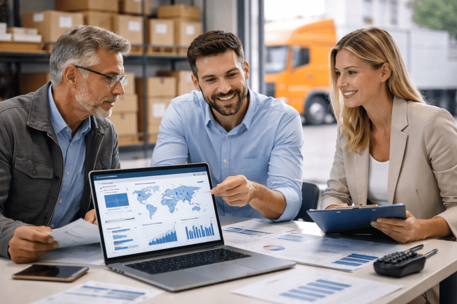 Logistics company team discussing shipment data and transport strategy in a modern office, wide professional photo