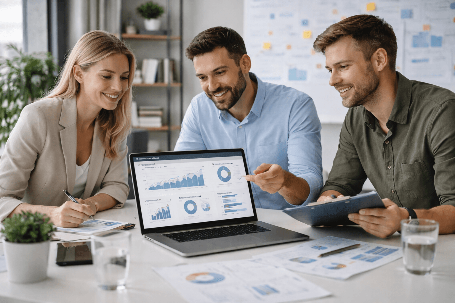 Marketing agency team analyzing performance data and discussing lead generation strategy in a modern office, wide professional photo