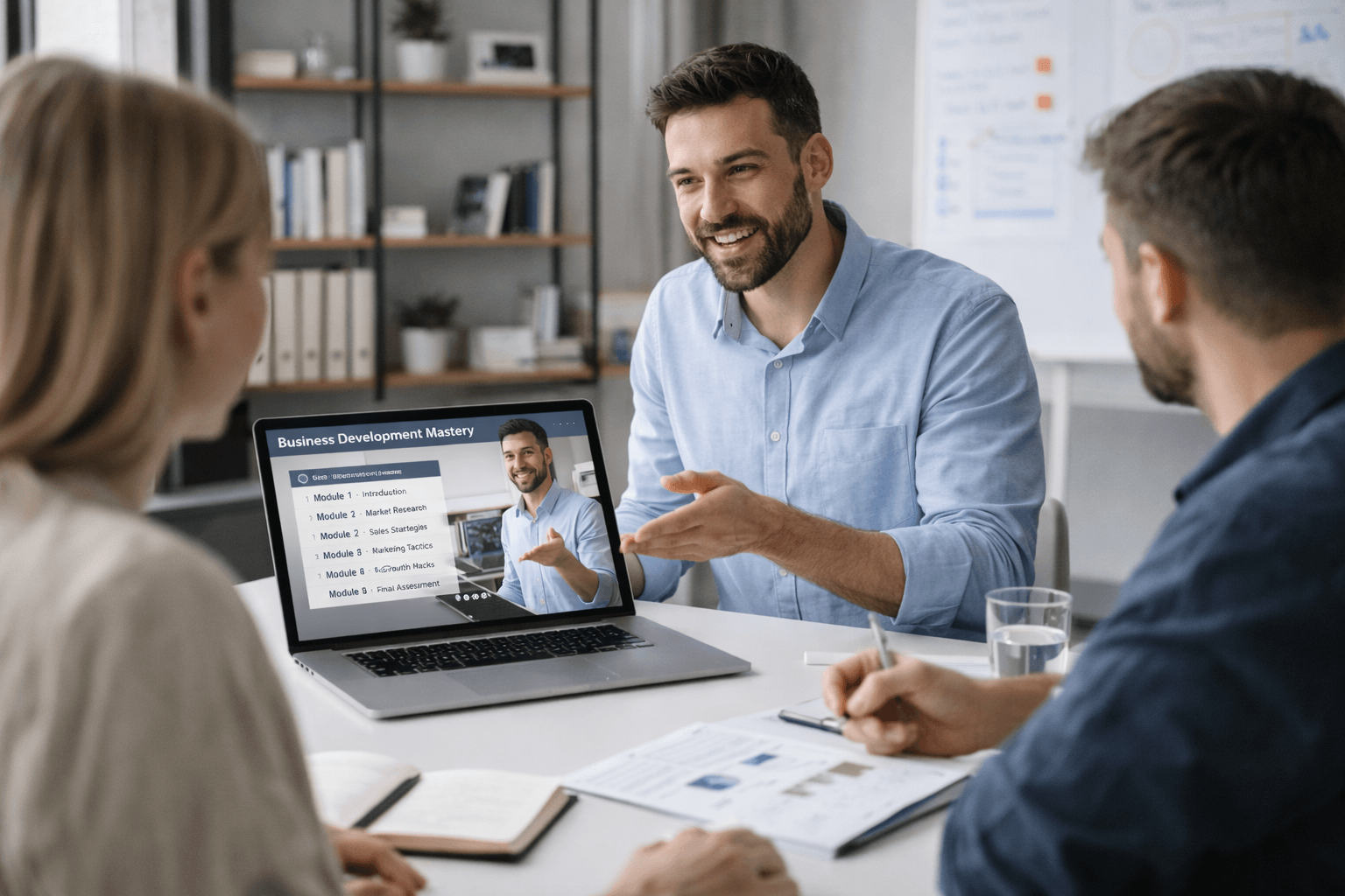Business coach leading an online consulting session with clients in a modern office, wide professional photo