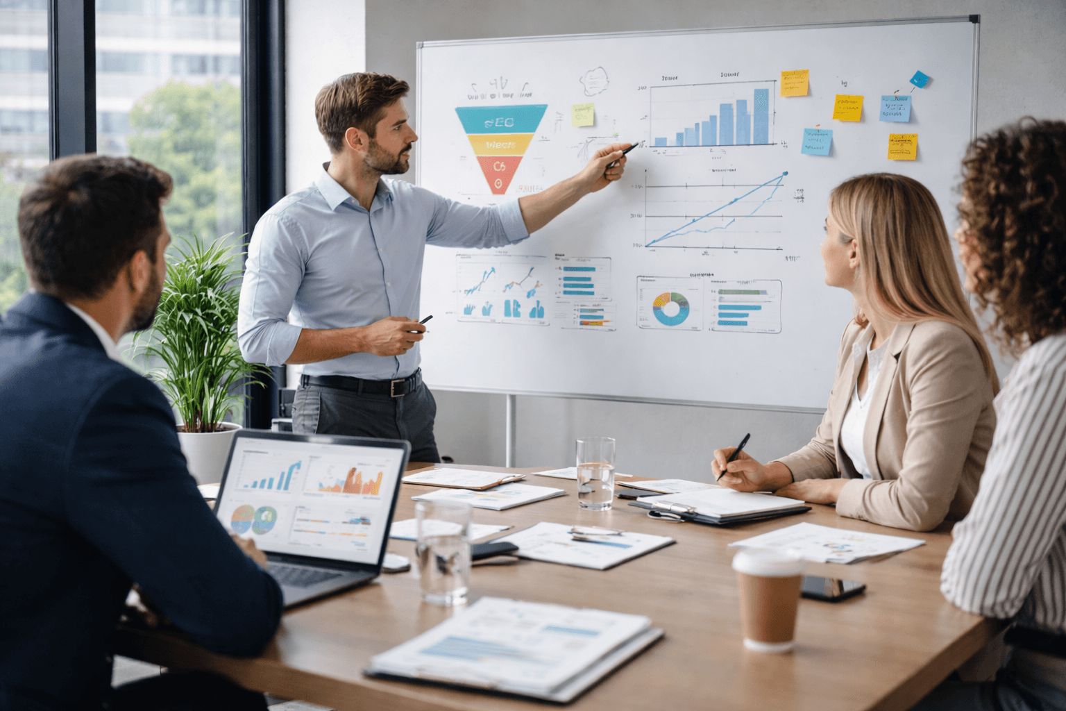 Business strategy planning session with whiteboard discussion about measurable growth