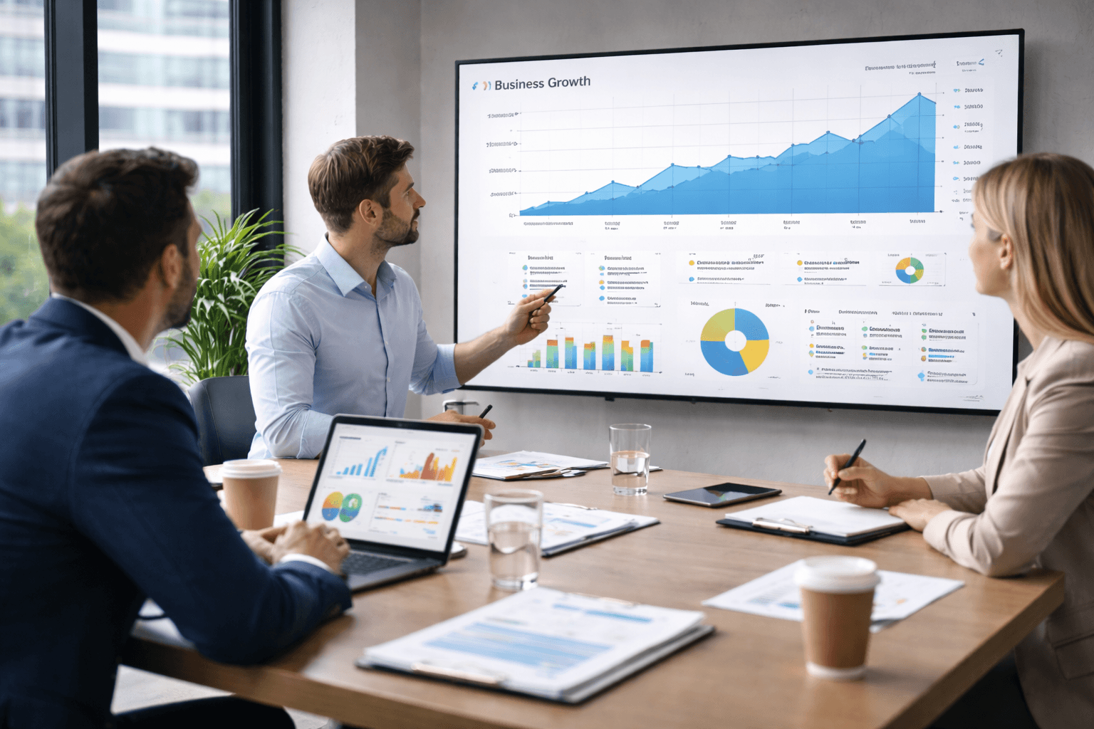 Marketing team analyzing growth dashboard and ad performance metrics in modern office meeting