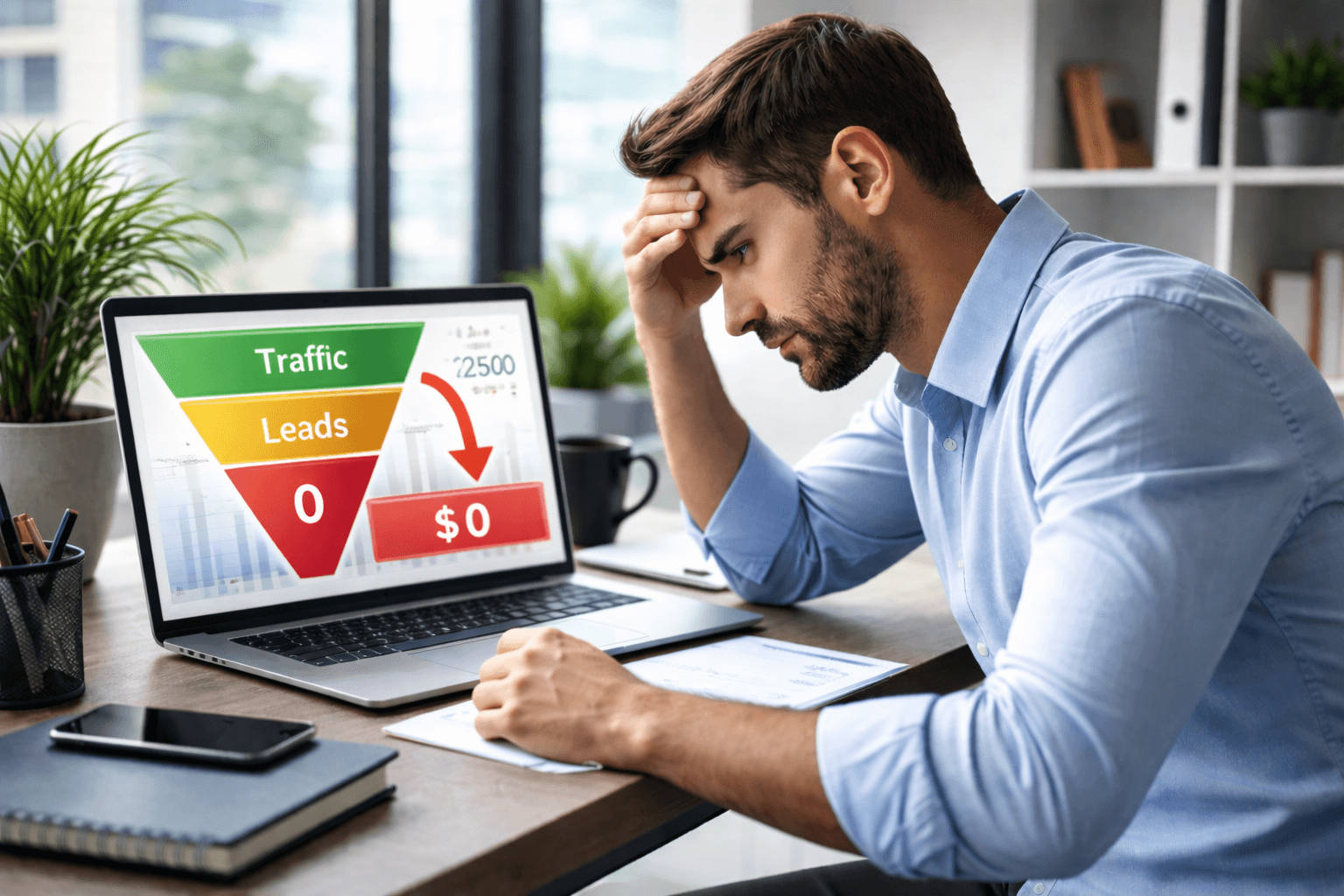 Modern office workspace symbolizing broken sales funnel and lack of conversions