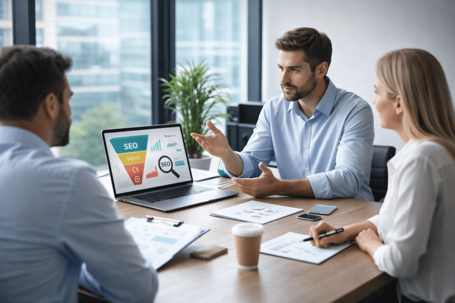 Business strategy discussion in modern office representing decision whether to invest in SEO