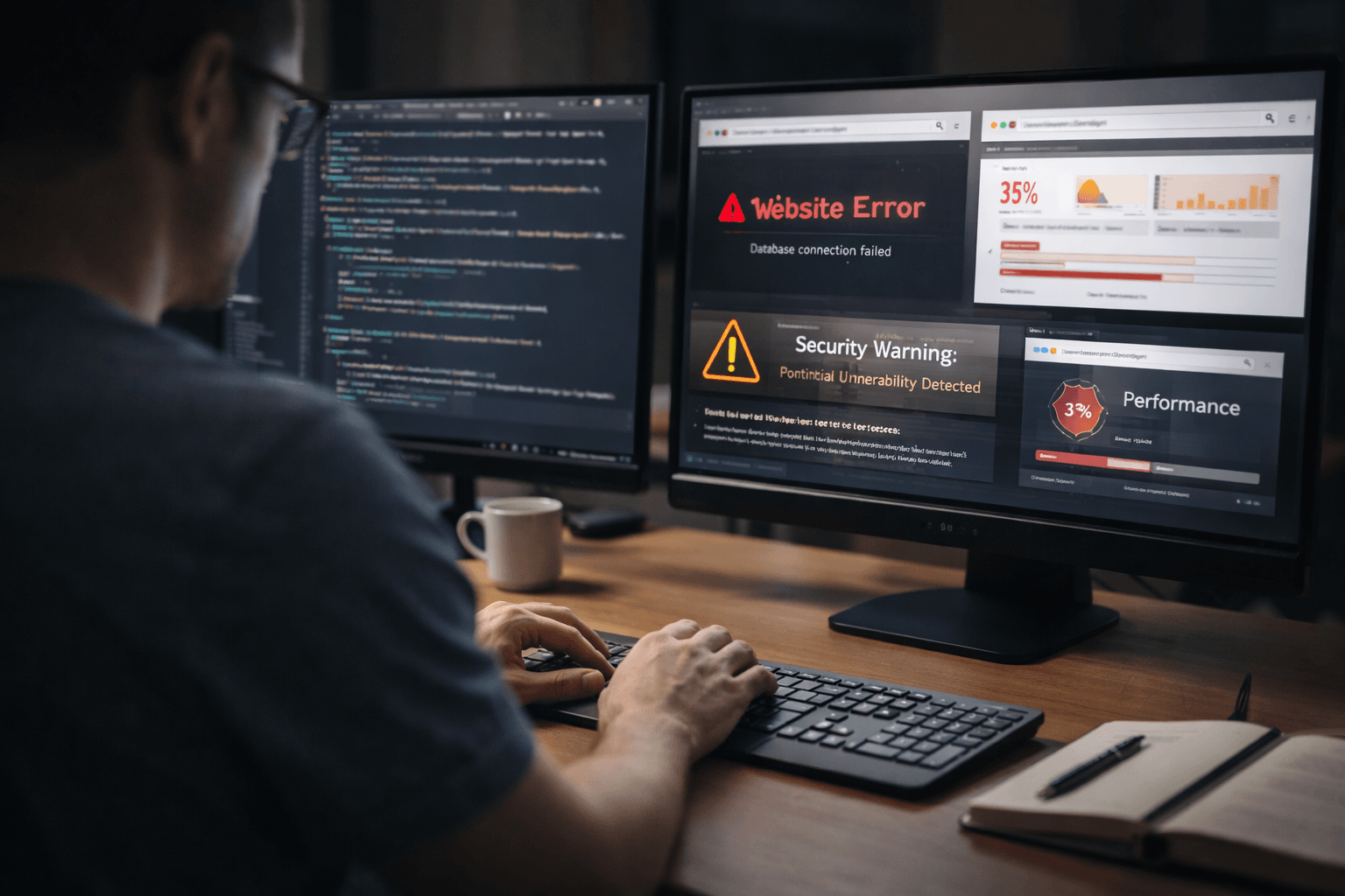 Web developer debugging website errors and security warnings on dual monitors
