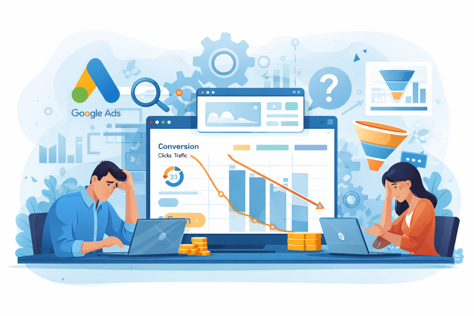 Google Ads traffic without conversions analytics dashboard concept