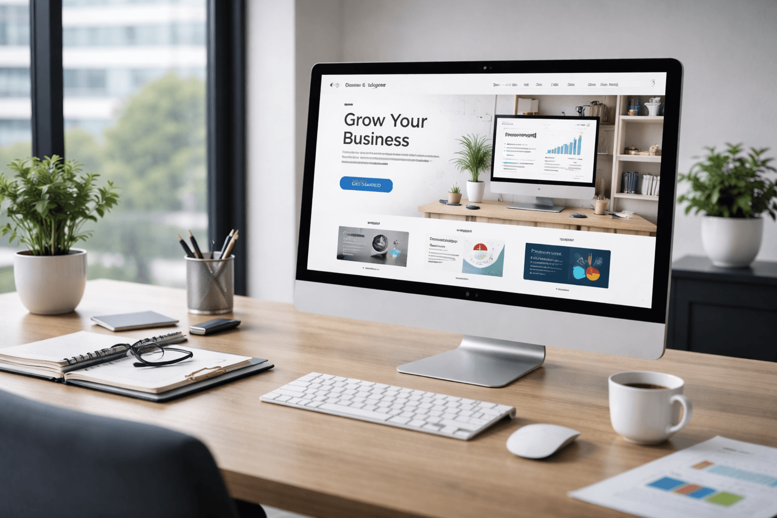 Modern desktop computer displaying professional website design in clean minimalist workspace