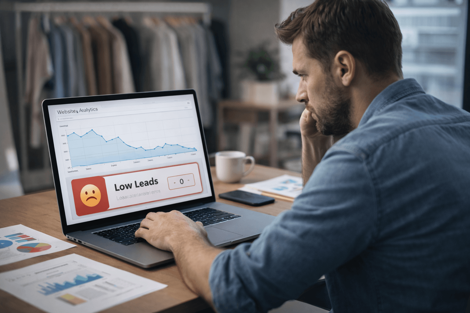 Small business owner reviewing website analytics with low lead generation results