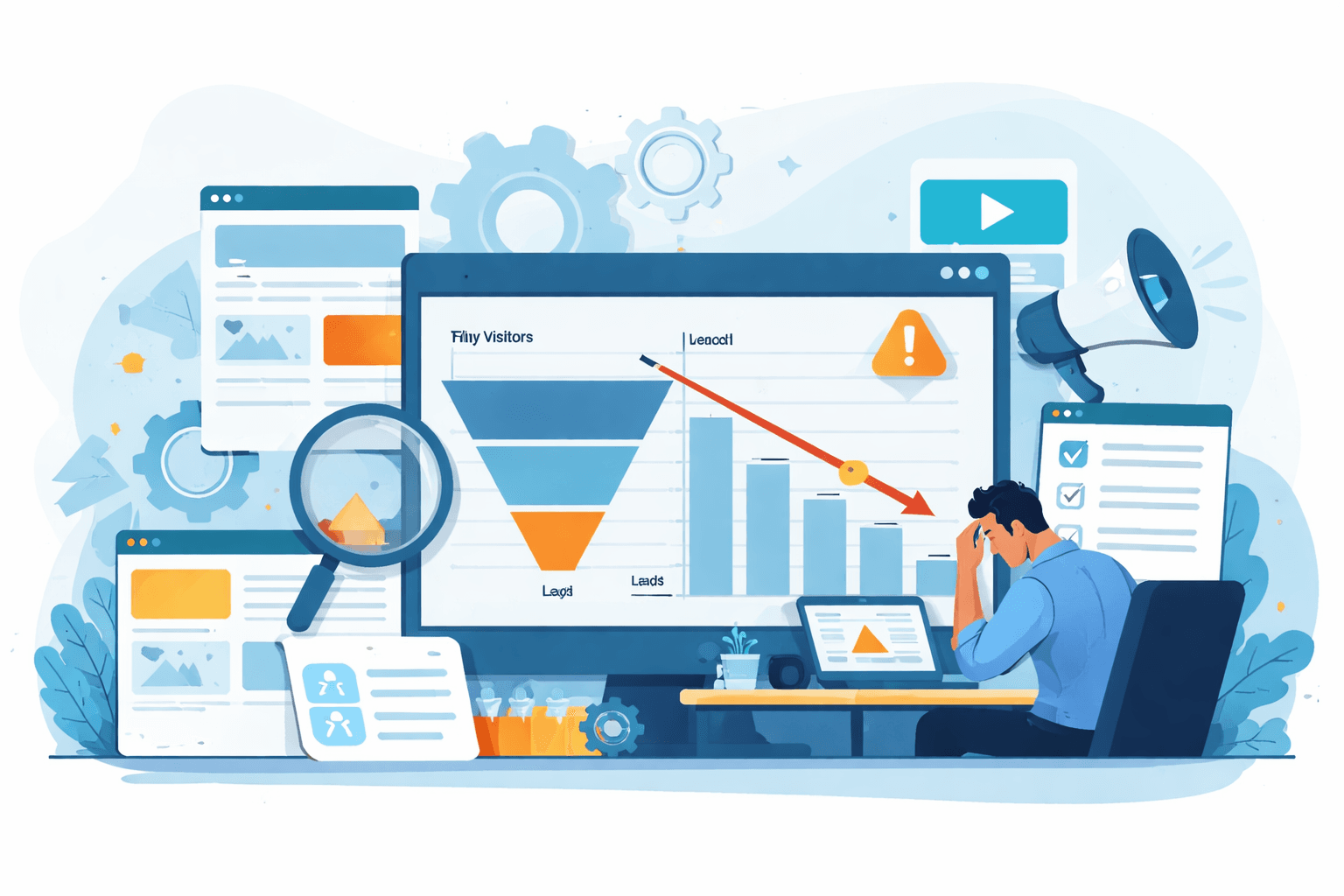 Website conversion problems analytics and UX optimization concept