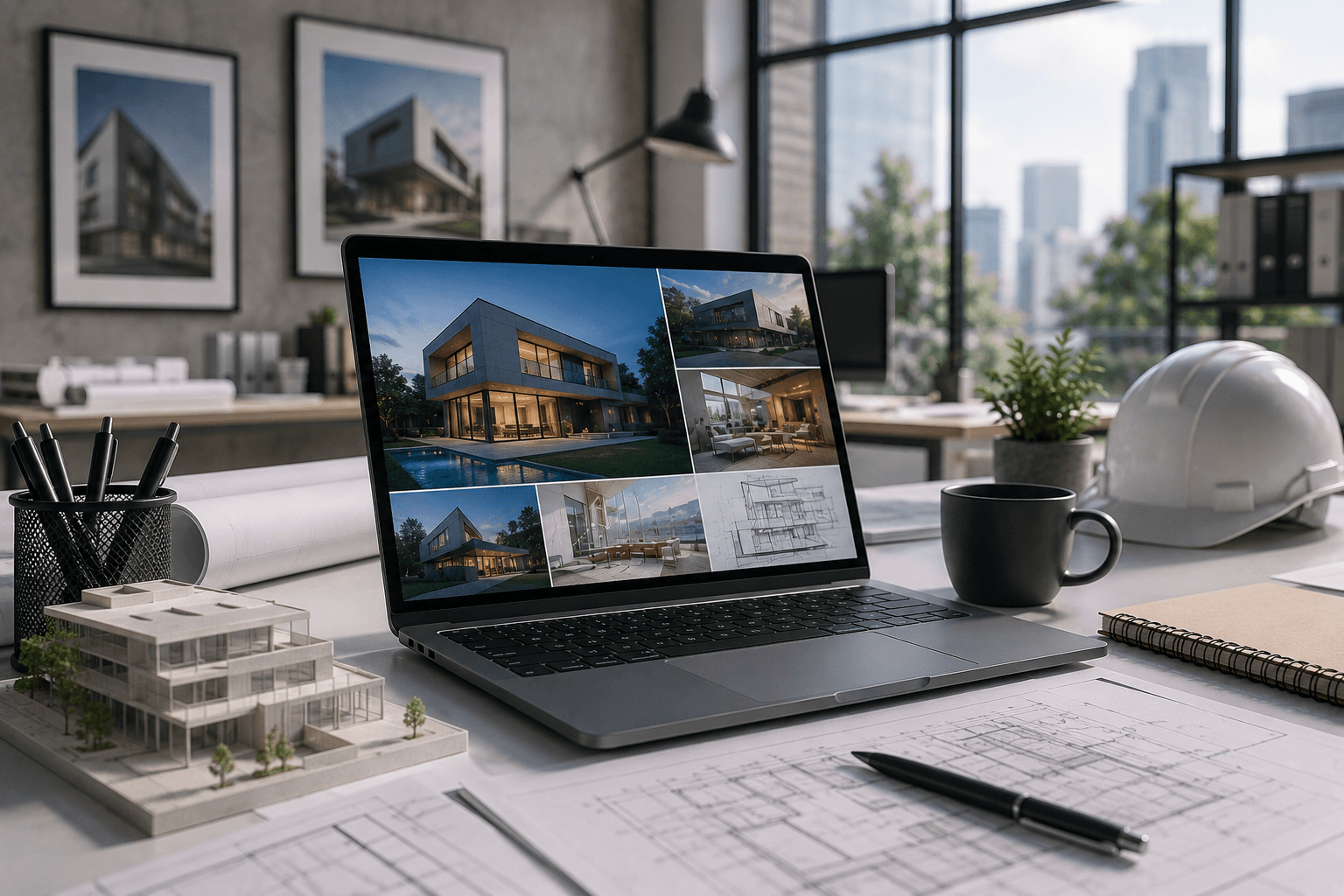 Architectural workspace with portfolio presentation, building model, blueprints, and modern office interior