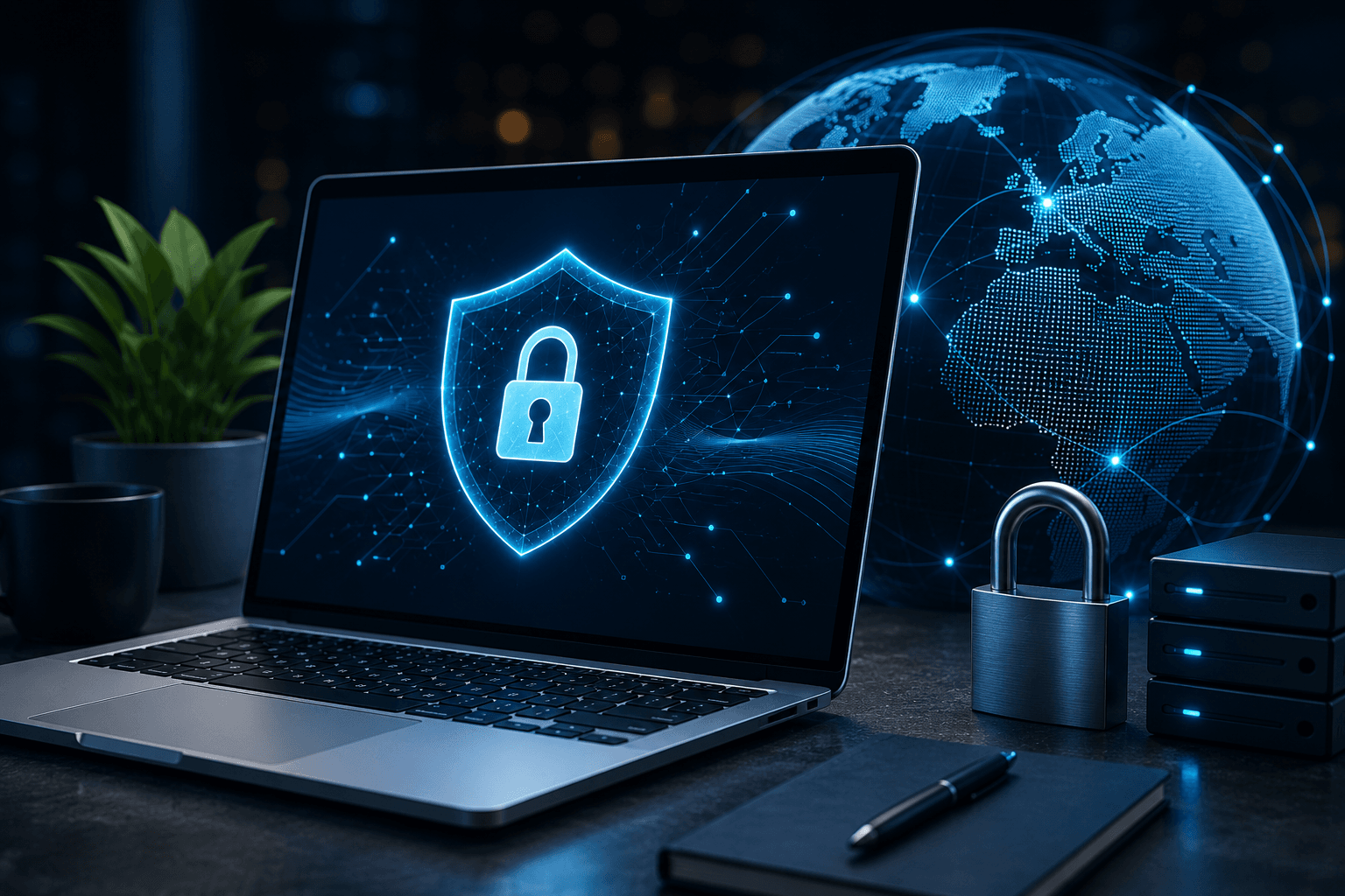 Cybersecurity business website concept with secure laptop and digital protection graphics