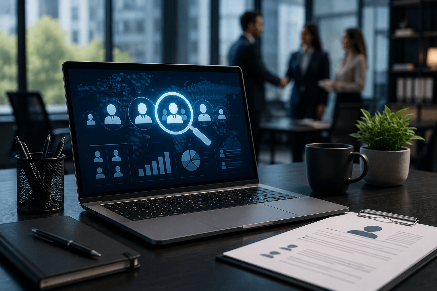 Corporate recruitment agency website concept with hiring analytics and professional office environment