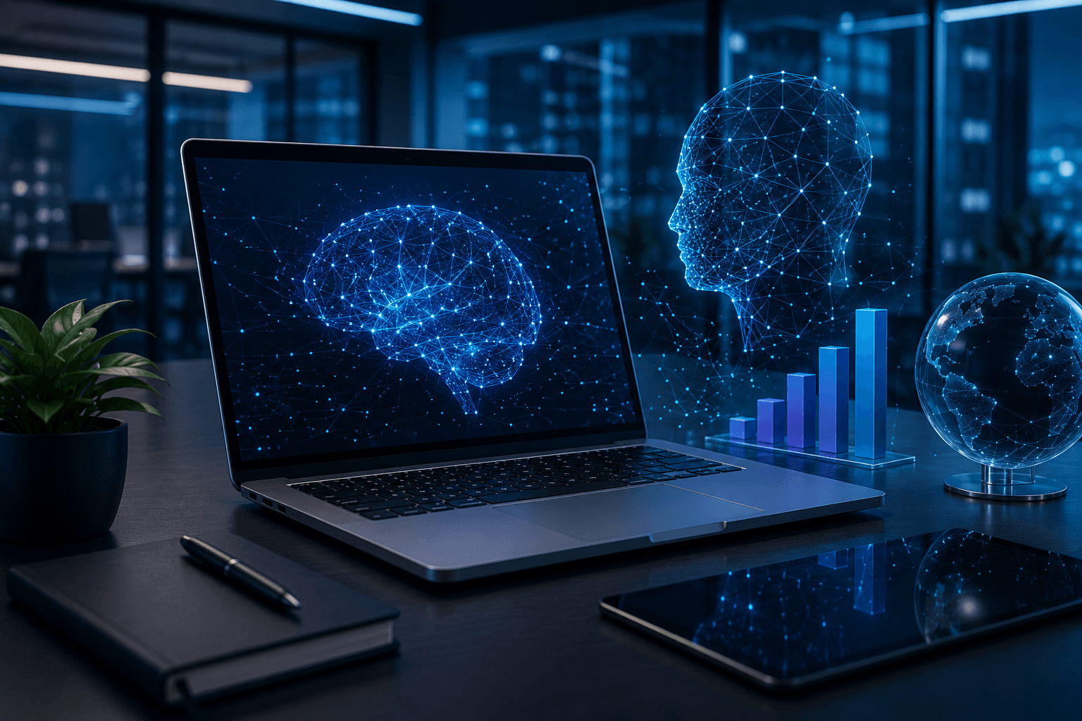 Artificial intelligence startup website concept with laptop and digital neural network graphics