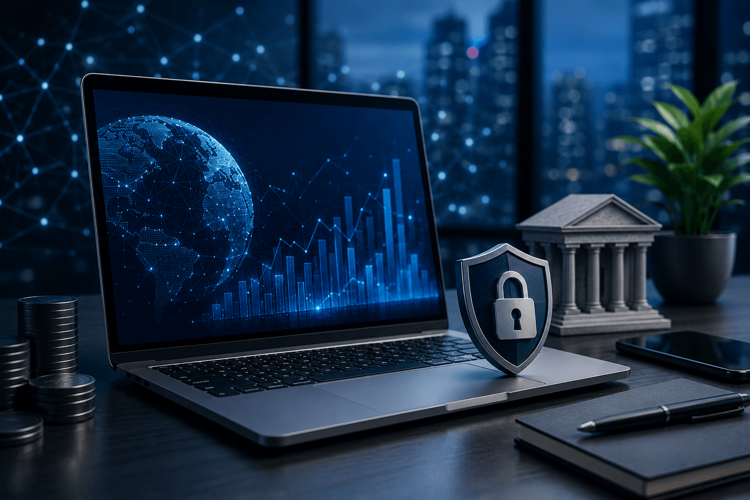 Fintech website concept with laptop, financial dashboard, and secure digital banking visualization