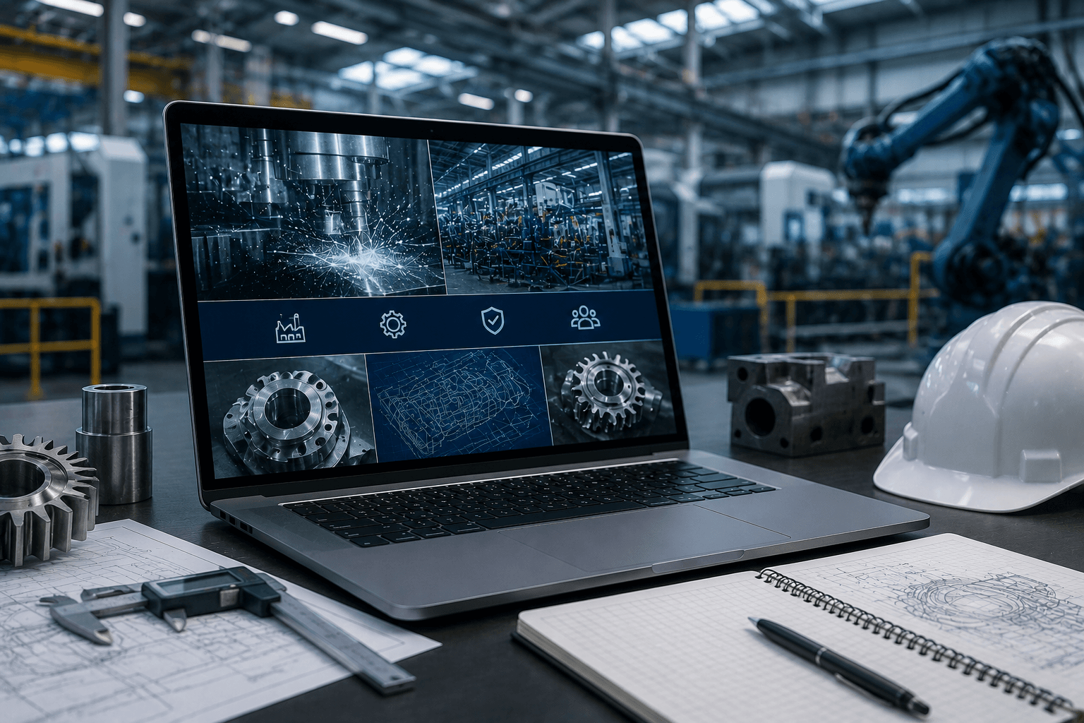 Modern industrial factory environment with engineering workstation and manufacturing technology concept