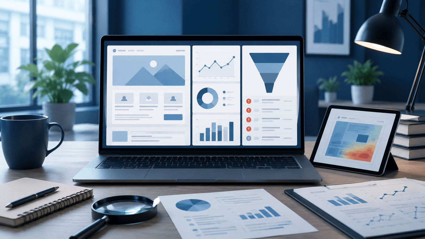 B2B website audit workspace with analytics dashboard, conversion funnel, and lead generation analysis