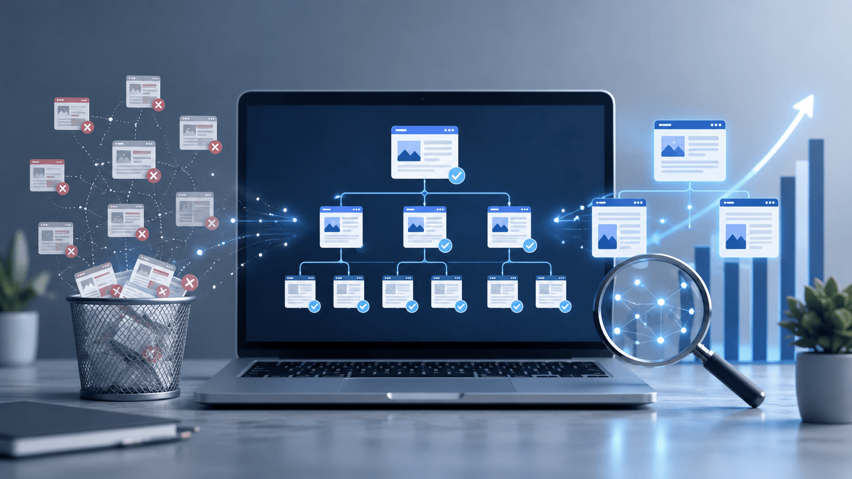 Website index cleanup concept with junk pages removed and optimized site architecture for SEO growth