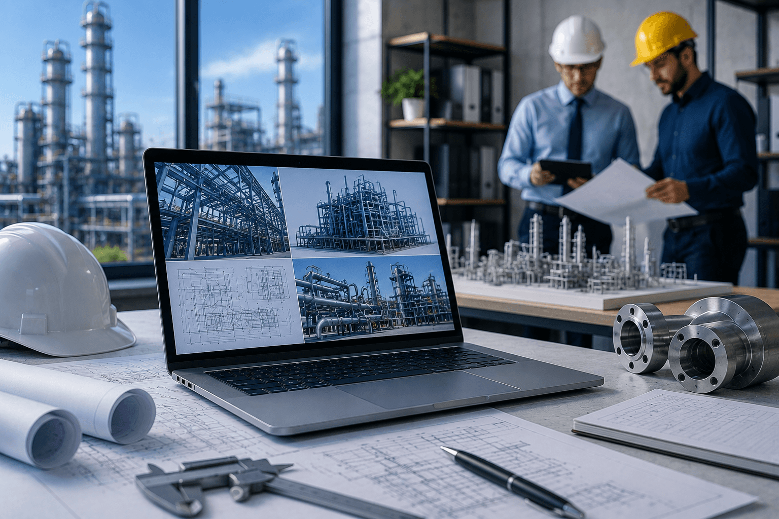 Professional engineering office with technical blueprints, industrial project design, and engineering team collaboration