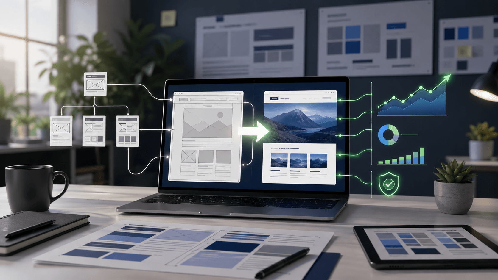 Website redesign workspace showing wireframes, SEO migration structure, and organic traffic growth concept