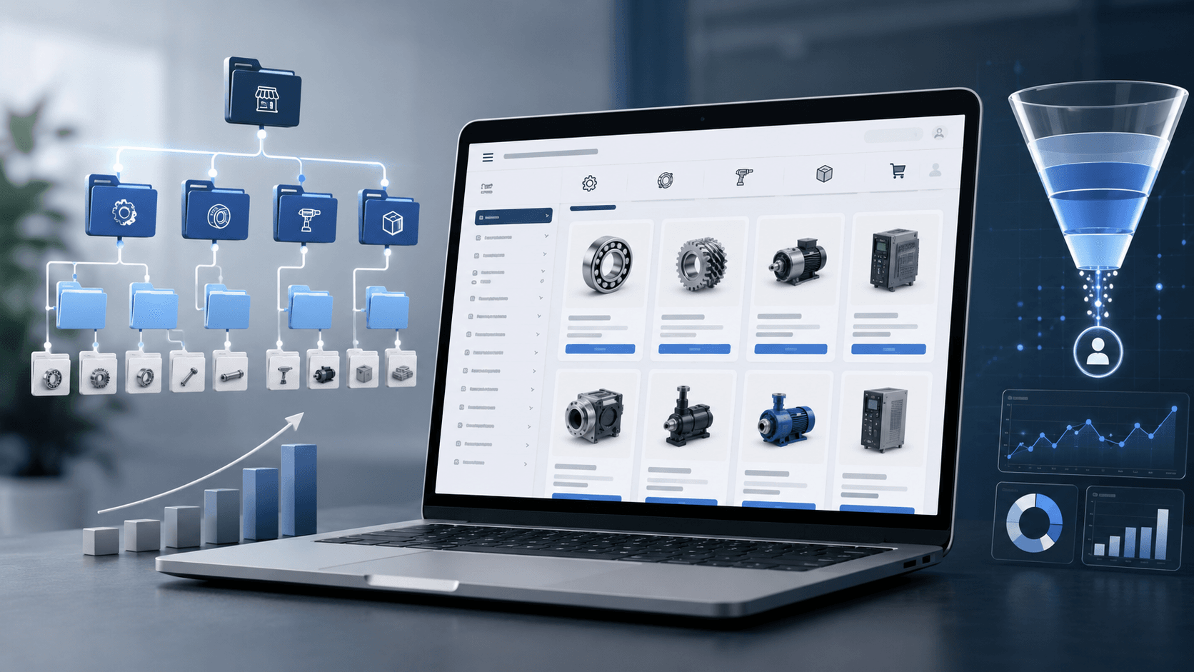 Ecommerce website category structure optimization with product hierarchy, filters, analytics, and sales inquiry funnel