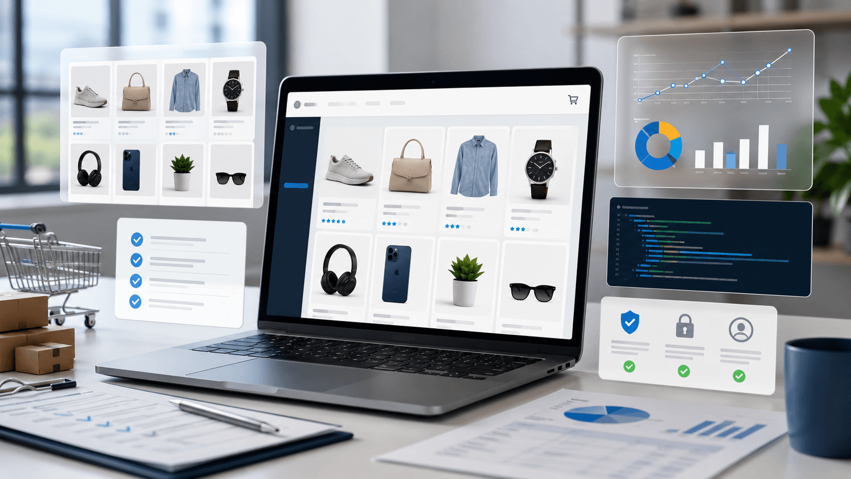 Ecommerce website preparation for Google Merchant Center with product feed, analytics dashboard, checkout trust elements, and Shopping Ads setup