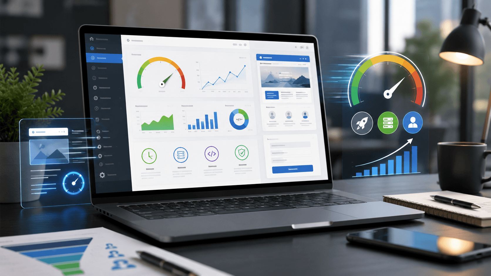 WordPress performance optimization concept with speed analytics, website dashboard, and lead generation growth