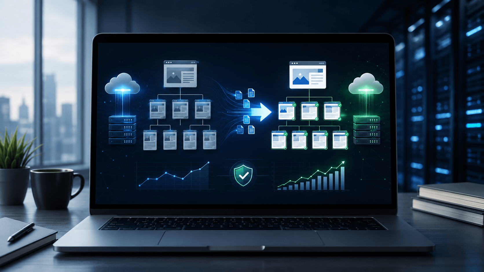 SEO-safe website migration concept with old site structure moving to optimized new website architecture and protected organic traffic
