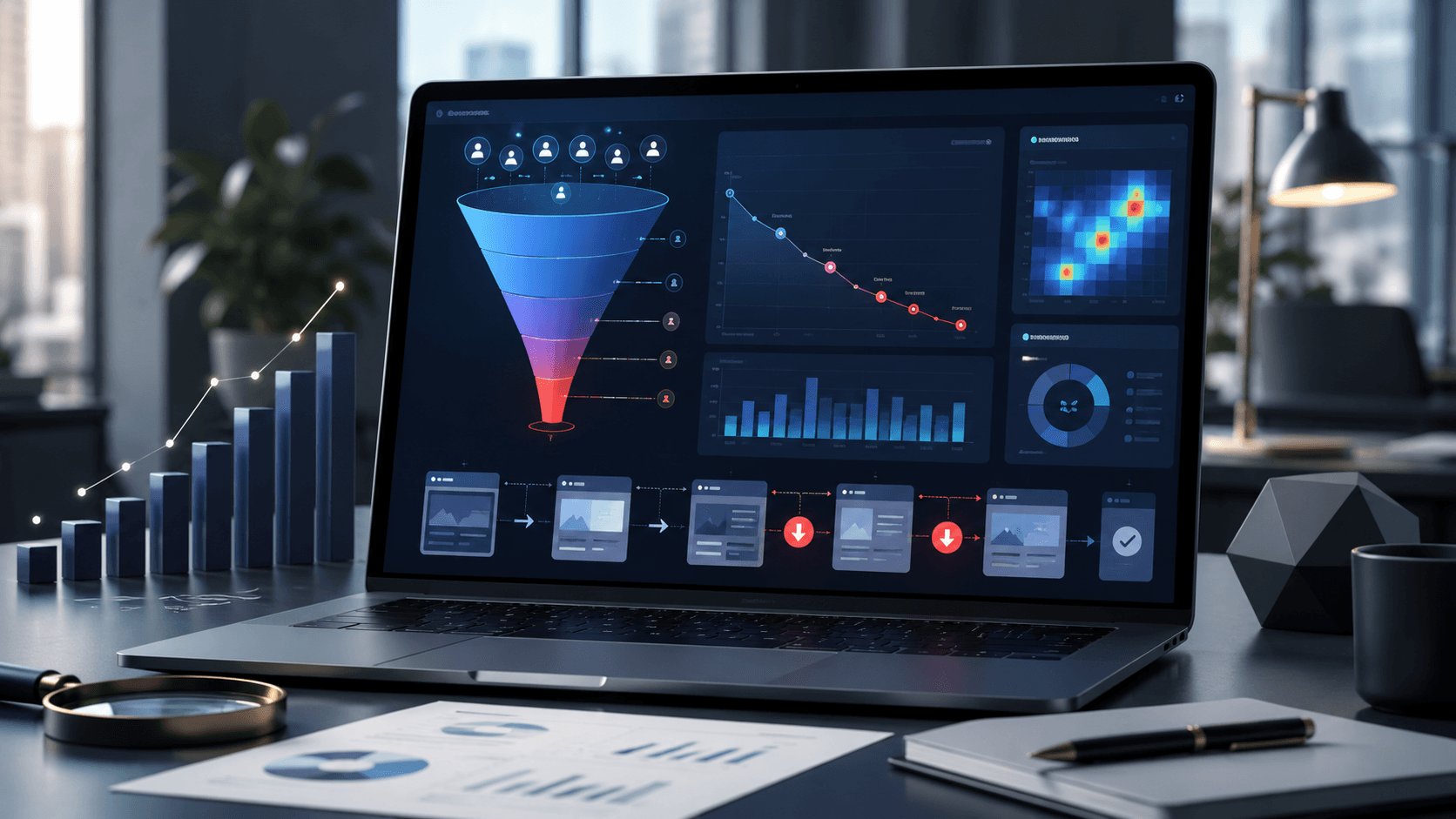 Conversion audit dashboard showing website funnel analysis, lead drop-off points, user behavior data, and business growth metrics