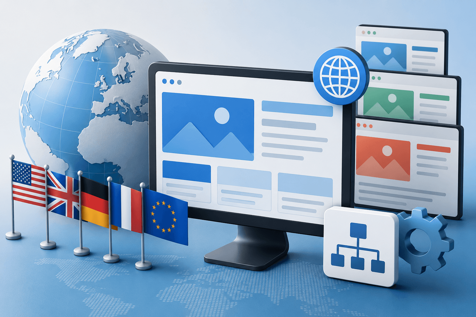 Multilingual website SEO concept with international website structure, language versions, global targeting, and European and US markets