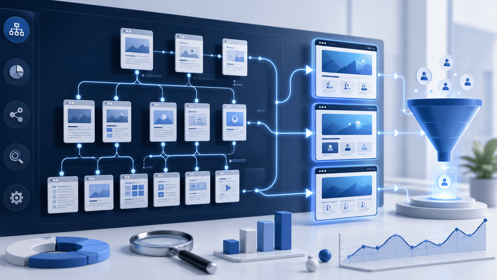 Internal linking audit concept with connected website pages, service page paths, lead generation funnel, and SEO performance analytics