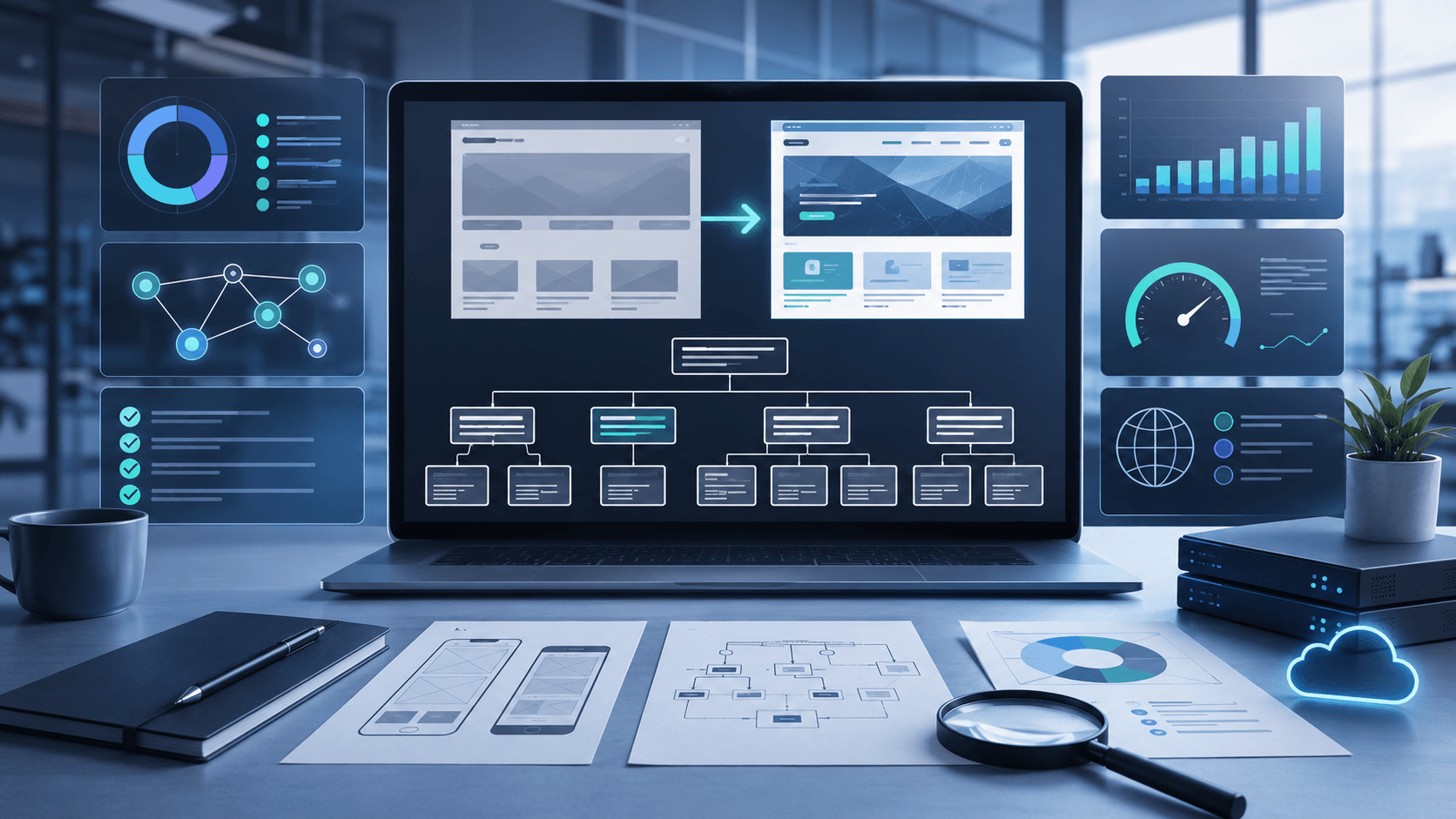 Pre-redesign technical audit concept with website structure, UX wireframes, SEO analysis, performance dashboard, and migration planning for B2B website