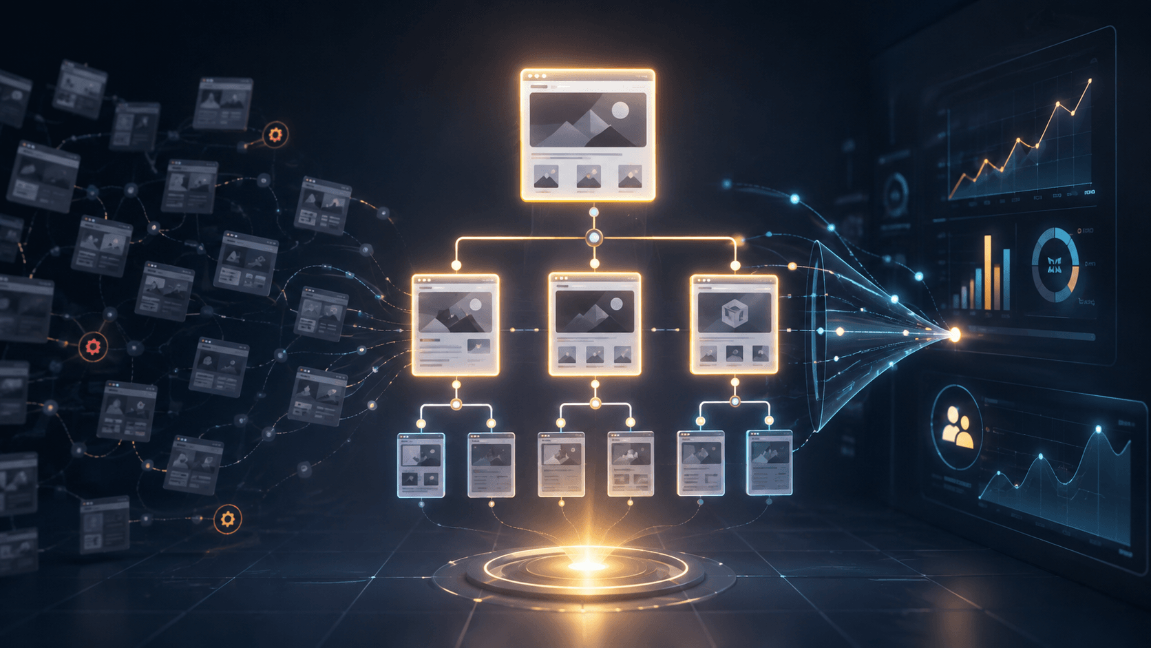 Website architecture audit concept with structured page hierarchy, internal linking, commercial page optimization, and lead generation analytics