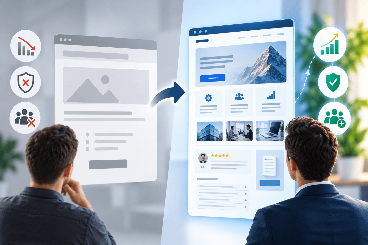 Thin service page audit concept showing weak B2B service page compared with optimized page structure, trust signals, rankings, and lead generation growth