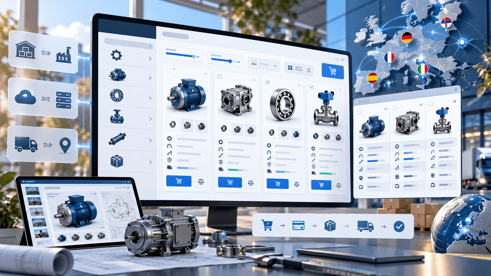 OpenCart ecommerce development concept for European stores with complex product catalogs, technical filters, product comparison, integrations, and international sales workflows