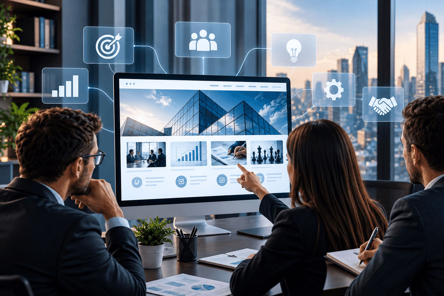 WordPress consulting website concept with expert team, strategy dashboard, trust signals, high-ticket B2B lead qualification, and long sales cycle support